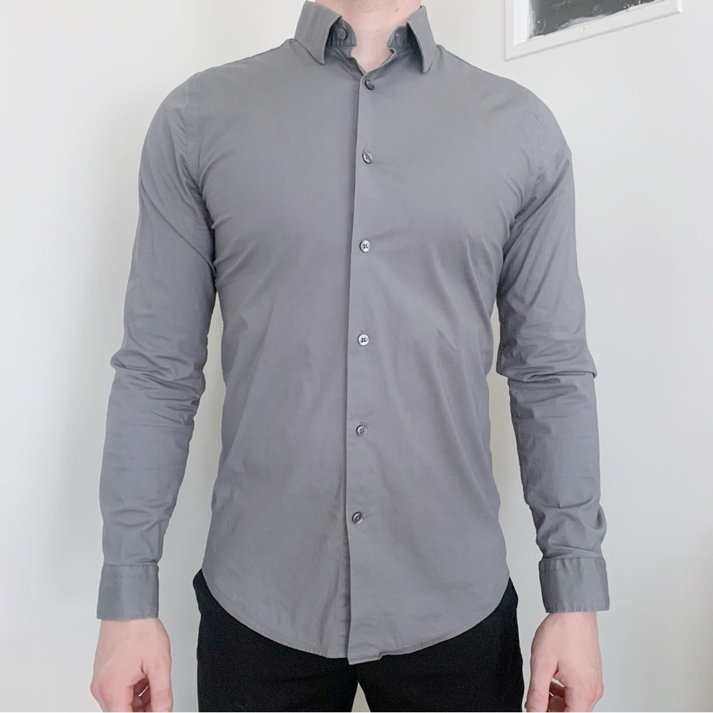 Express 1MX Gray Button-Up Dress Shirt Extra Slim Fit Office Business Formal M
